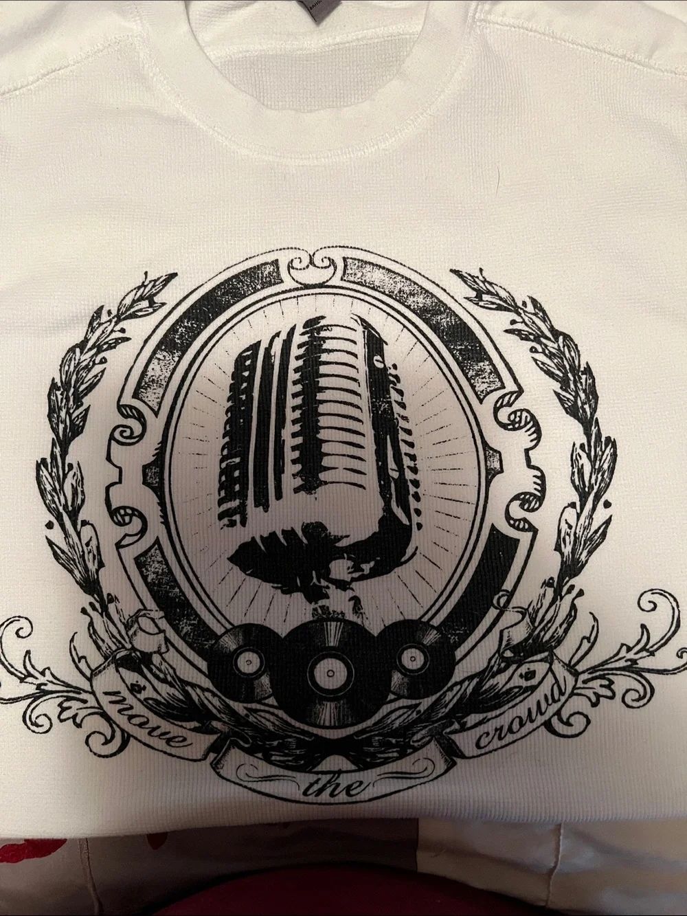 Old Navy White Crewneck Sweatshirt with Black Microphone Emblem